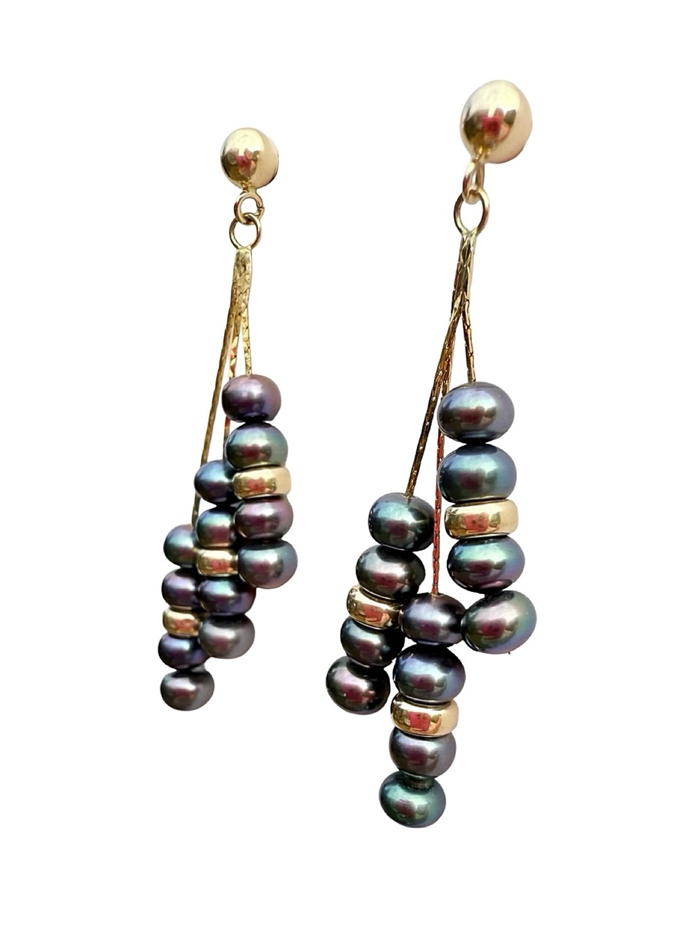 Gold & Black Pearl Cluster Drop Earrings - Elegant Women's Jewelry - Picture 13 of 16